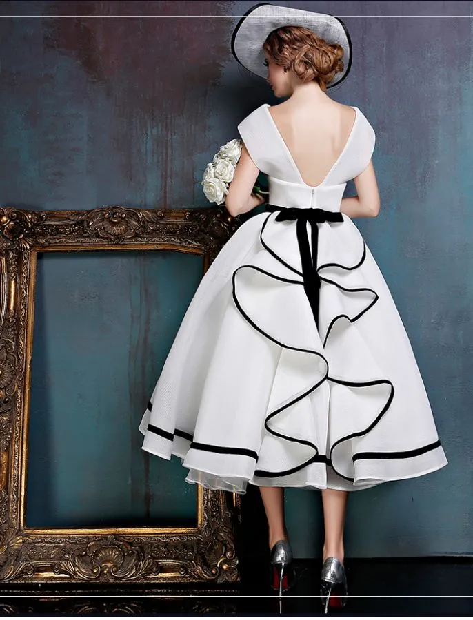 Black White Vintage Tea Length Wedding Dresses A line Simple 50s 60s Bridal Gowns