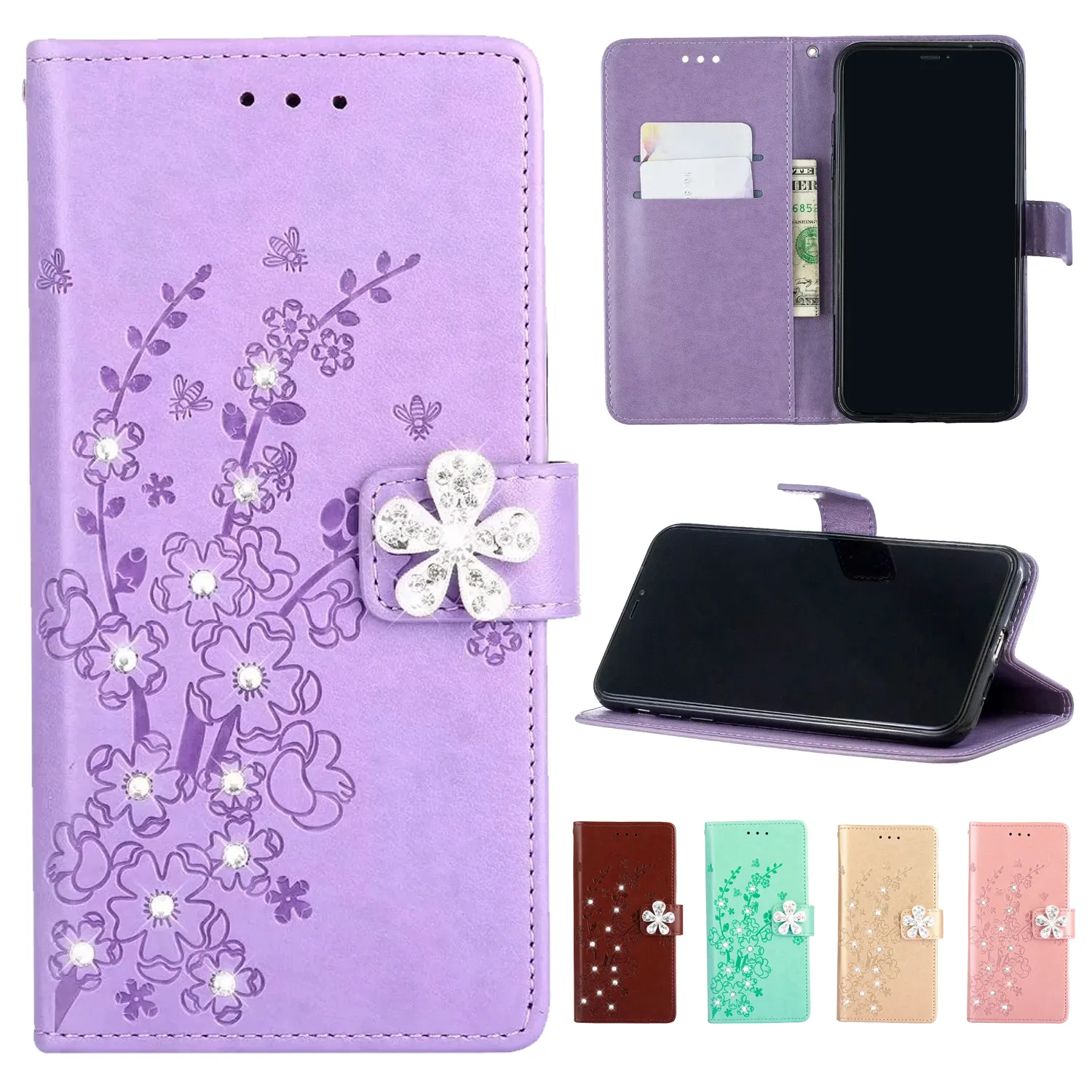Flip Stand Strass Leder Brieftasche Handyhülle für iPhone 11 Pro X XR XS Max Samsung Galaxy S20 Pflaumenblüten-Prägung Schutzhülle