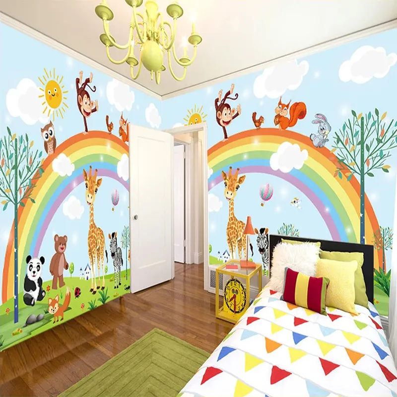 Dropship 3D Hand Painted Cartoon Rainbow Animal Kindergarten Baby Room Bedroom Wardrobe Wallpaper Wall Mural Sticker Home1376389