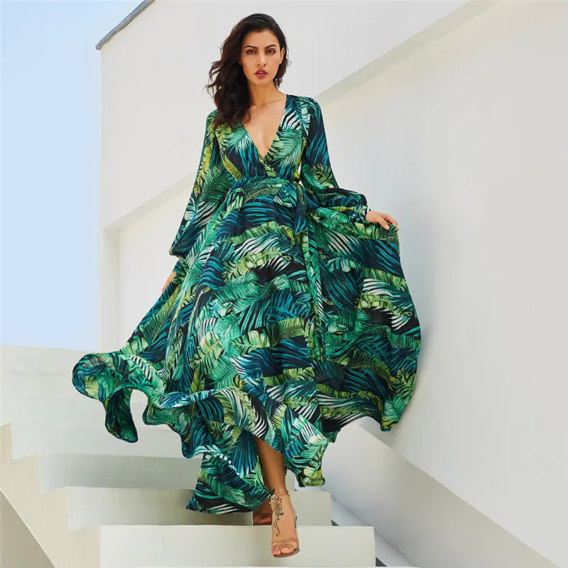 2019 Longue Maxi Dress Femmes Tropical Beach Femmes Robes Longue Lantern Manches Col En V Sexy Ceinture À Lacets Tunique Drapée Robes Plus La Taille Robe