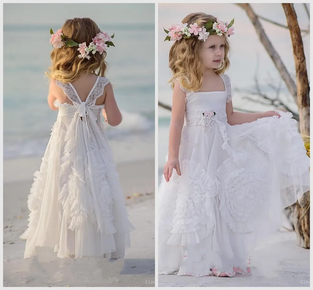 2019 Bohemian Flower Girls Dresses A Line Pleats Appliques Floor Length