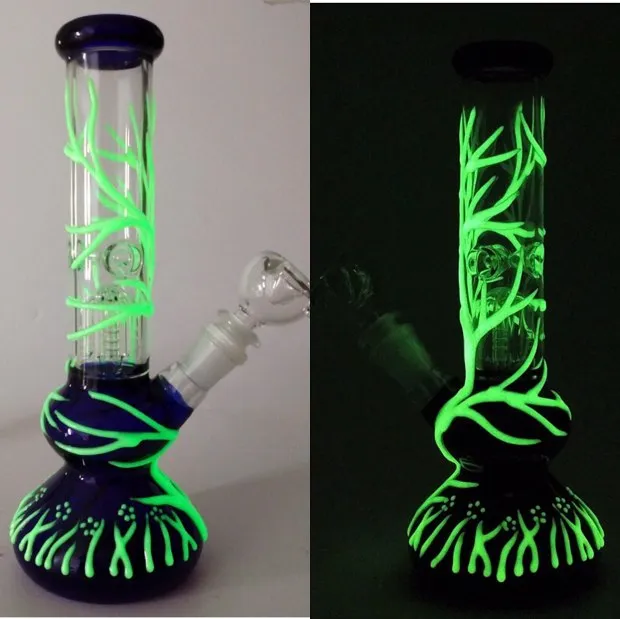 Glow In The Dark Hookah 4 Arms Tree Perc Glass Water Pipe UV Bongs Diffused Downstem Beaker Bong With Bowl GID01