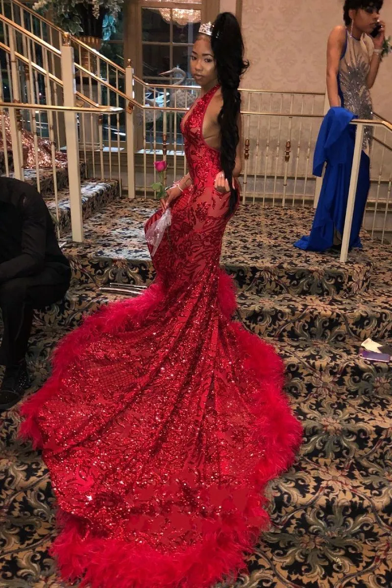 Red mermaid prom dress with sales train