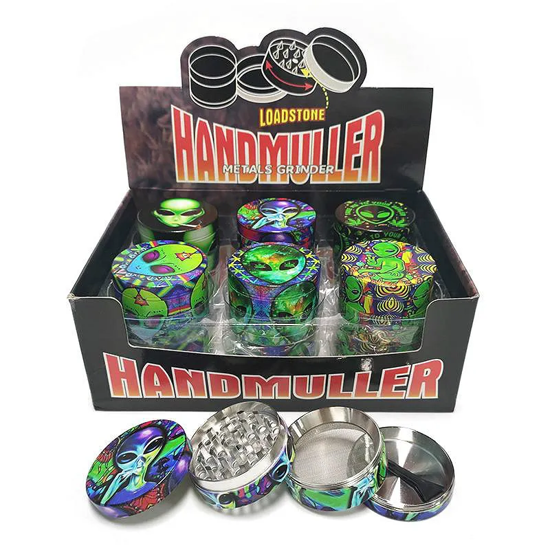 3D-tryck Herb Grinder Alien Mönster 4 lager 50mm Diameter Rökning Tillbehör Zinc Alloy Metal Tobacco Herbal Grinders CNC Tänder Filter