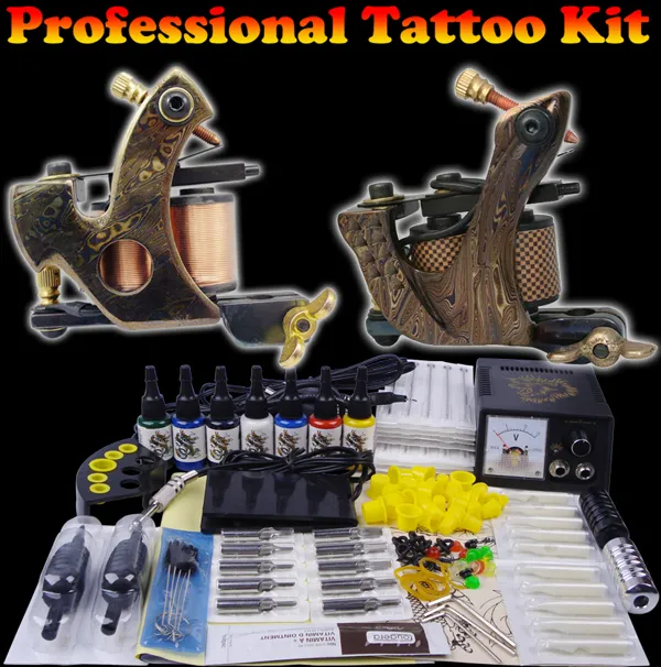Татуировка профессиональный полный комплект татуировки для начинающих 2 Pro машина 7 цветов чернила иглы блок питания сцепление практика кожи набор