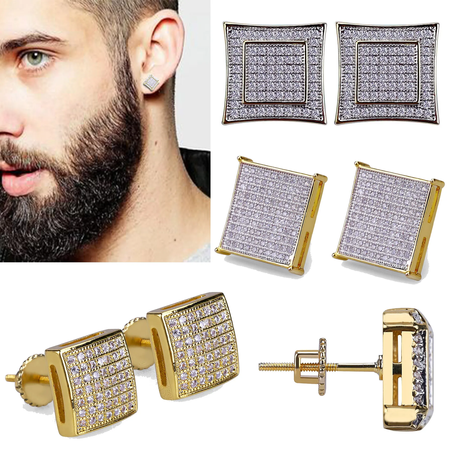 Brincos de ouro real 18K Hiphop CZ Zircon Square Stud 0,7-1,6 cm para homens, mulheres e meninas, presentes de zircônia cúbica Iced Out Brincos de diamante Studs Punk Rock Rapper Jóias