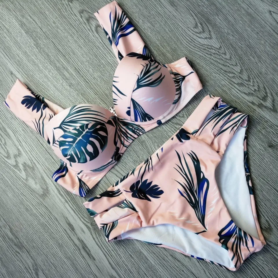 Damer sexiga bikinis kvinnor baddräkt 2019 sommar klippa ut baddräkter push up bikini print badkläder strand slitage med underwire Biquini