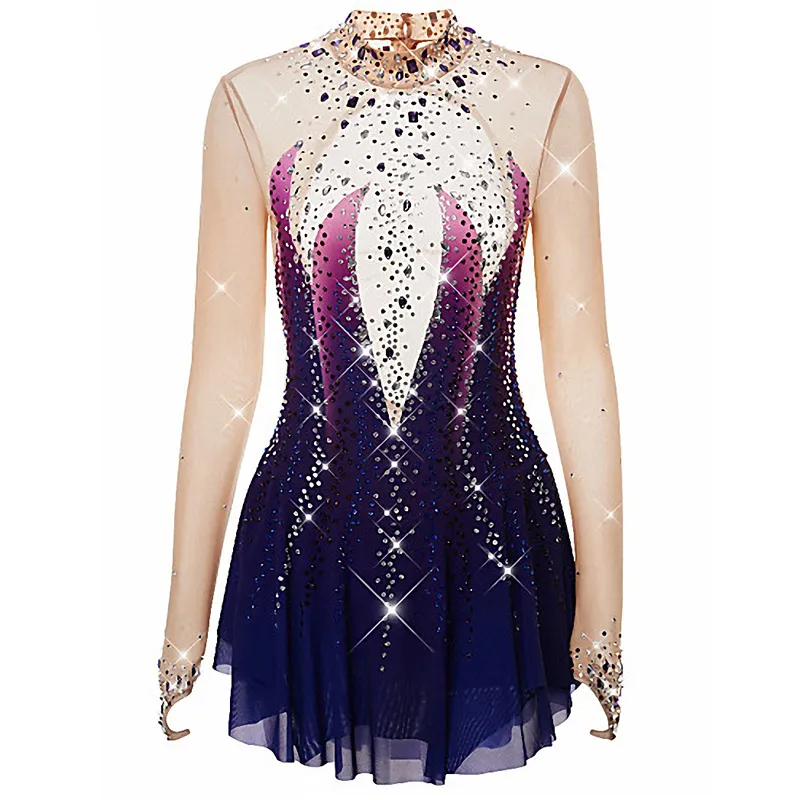 Robe de patinage artistique femmes filles bleu strass à manches longues élasticité robe de patinage sur glace tenue de Performance professionnelle