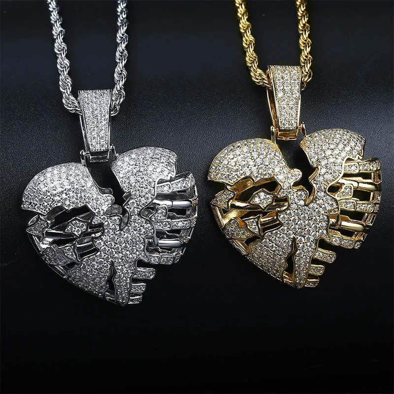 Iced Out Broken Heart Necklace Pendant With 4mm Tennis Chain Rope Chain Gold Silver Cubic Zircon Men's Women Hip hop Jewelry Gift