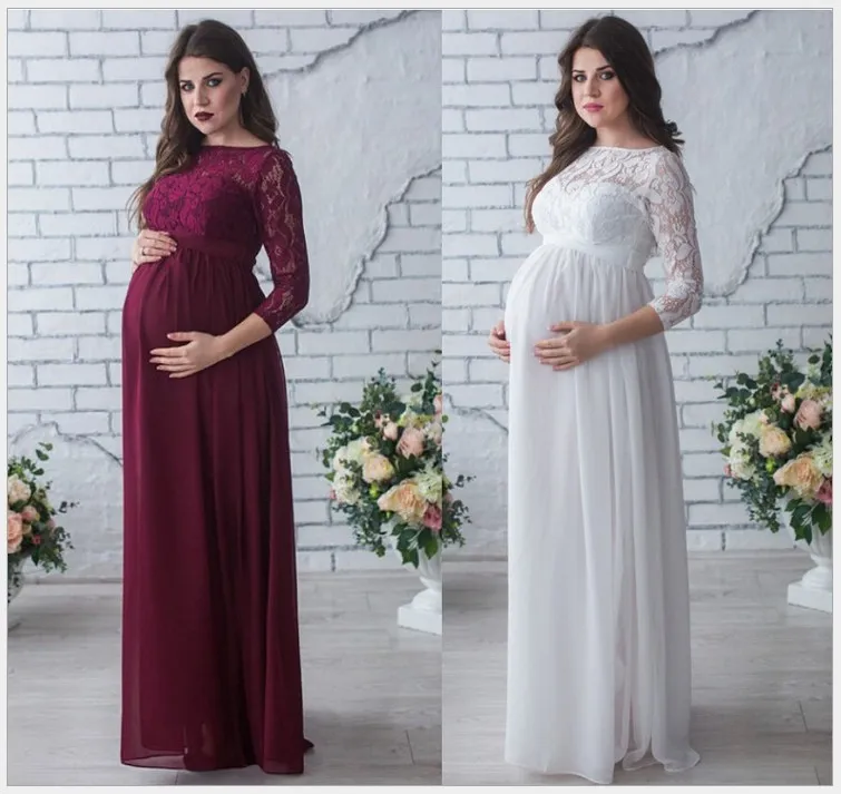 2019 Ropa nueva para mujeres embarazadas S lido de manga larga de encaje Embarazada Vestido de maternidad Vestidos largos hasta el suelo C6544