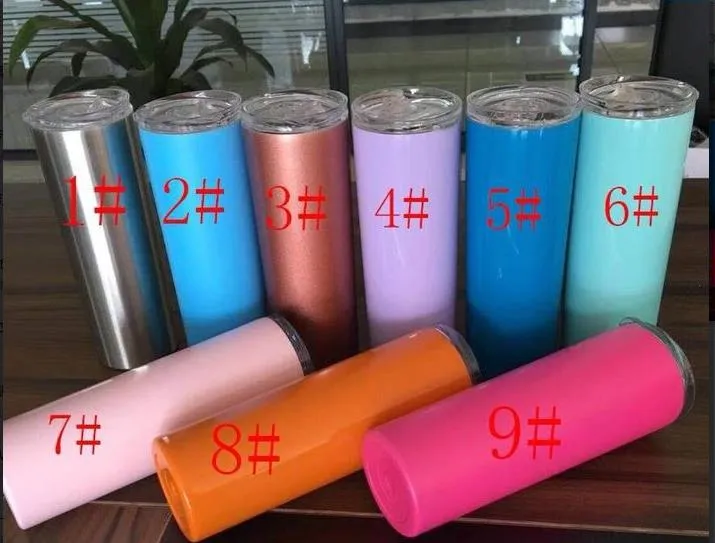 20oz Skinny Tumbler Stainless Steel Vacuum Insulated Straight Cup Beer Coffee Mug Glasses with Lids 9colors