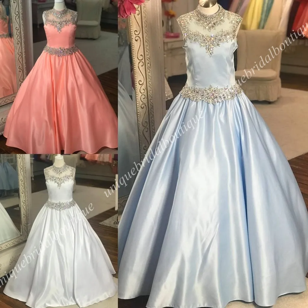 Little Roise Girls Pageant Dresses 2019 A-Line High Neck Real Photo Ljus Himmelsblå Vit First Communion Dress for Little Girl Golvlängd