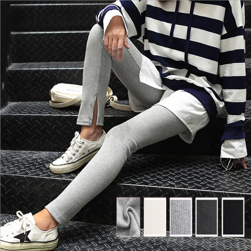 explosion models feet pants long paragraph split ribs leggings high elastic spring and autumn vertical strip wearing pencil pants