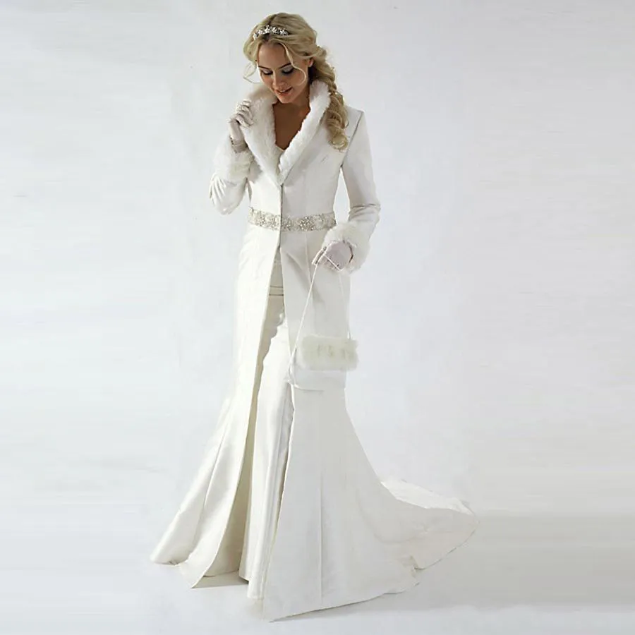 Moderne winter bruids manteljas lange mouwen bont bruiloft jas schattige sjaal jas satijn faux kralen sjerp