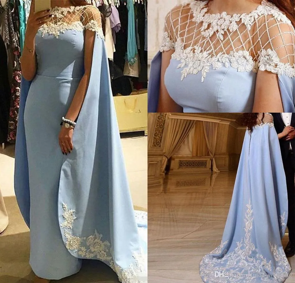 2019 New Sky Blue Fashion Sheath Prom Klänning med Cape Wraps Formell Holidays Wear Graduation Evening Party Pageant Gown Custom Made Plus Siz
