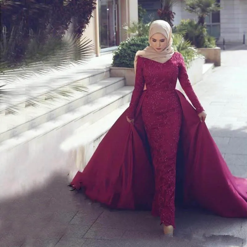 Mangas compridas Rendas Frisado Formal Prom Vestido de alta pescoço Mulheres Trem Destacável Islâmico Dubai Saudita Árabe Muçulmano Sereia Hijab Vestido de Noite