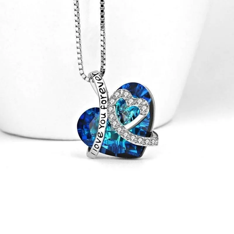 I Love You Forever Heart Pendant Necklace Blue Crystals Jewelry for Women girlバレンタインギフトラブネックレスDHL無料