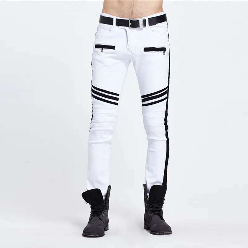 Męskie dżinsy mody męskie proste szczupłe spodnie motocyklowe chude dżinsowe spodnie hiphopowe białe azjatyckie rozmiar 203y