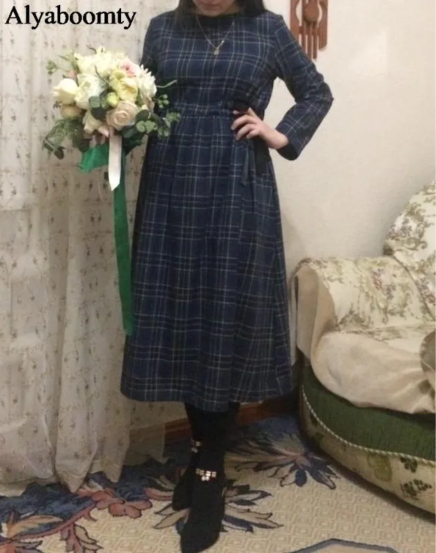 beth dutton blue dress Simplee Vintage Plaid Women Dress Elegant Square Collar Long Puff Slee –  Global Fashions GC main image 1