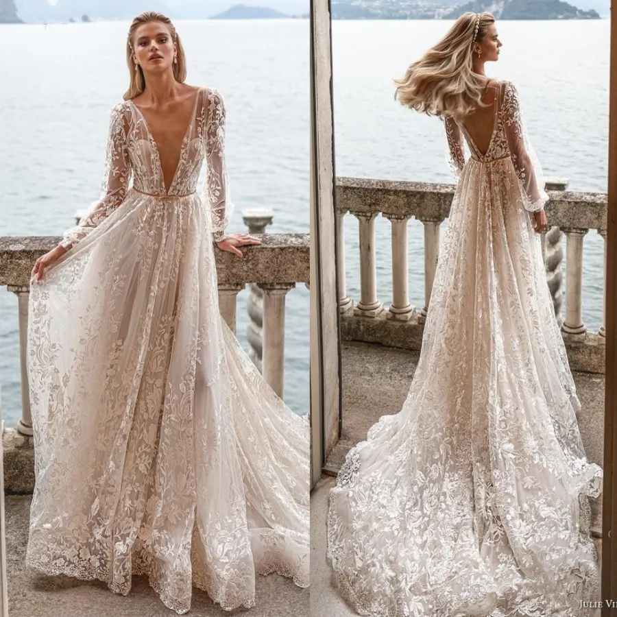 Lace Long Sleeves Wedding Dress Deep V Neck Tulle A Line Bridal Gowns 2024