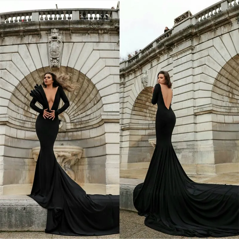 Sexy Black Mermaid Pageant Gowns High V-neck Long Sleeve Backless Party Dress Ruched Satin Sweep Train Custom Made Evening Gown