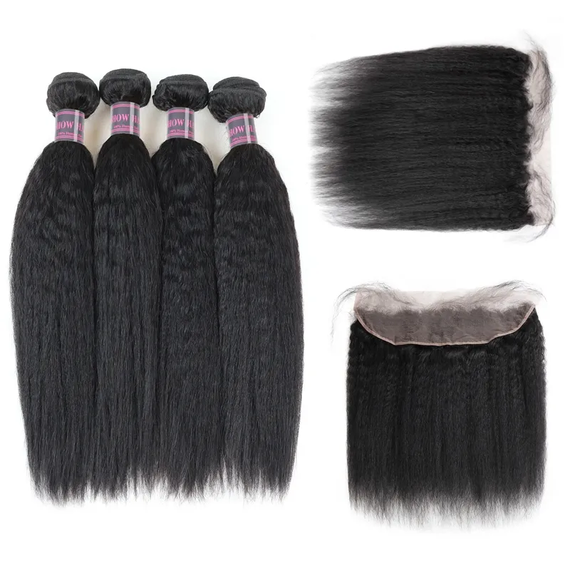 Yaki Extensions de cheveux vierges droites Ishow paquets de cheveux humains avec fermeture cheveux brésiliens 3 paquets avec dentelle frontale