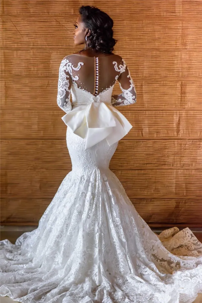 mermaid wedding dress 2023 with Lace Applique, Long Sleeves, Scoop Neckline, Beaded Covered Buttons, and Sweep Train - Vestidos de Novia 403