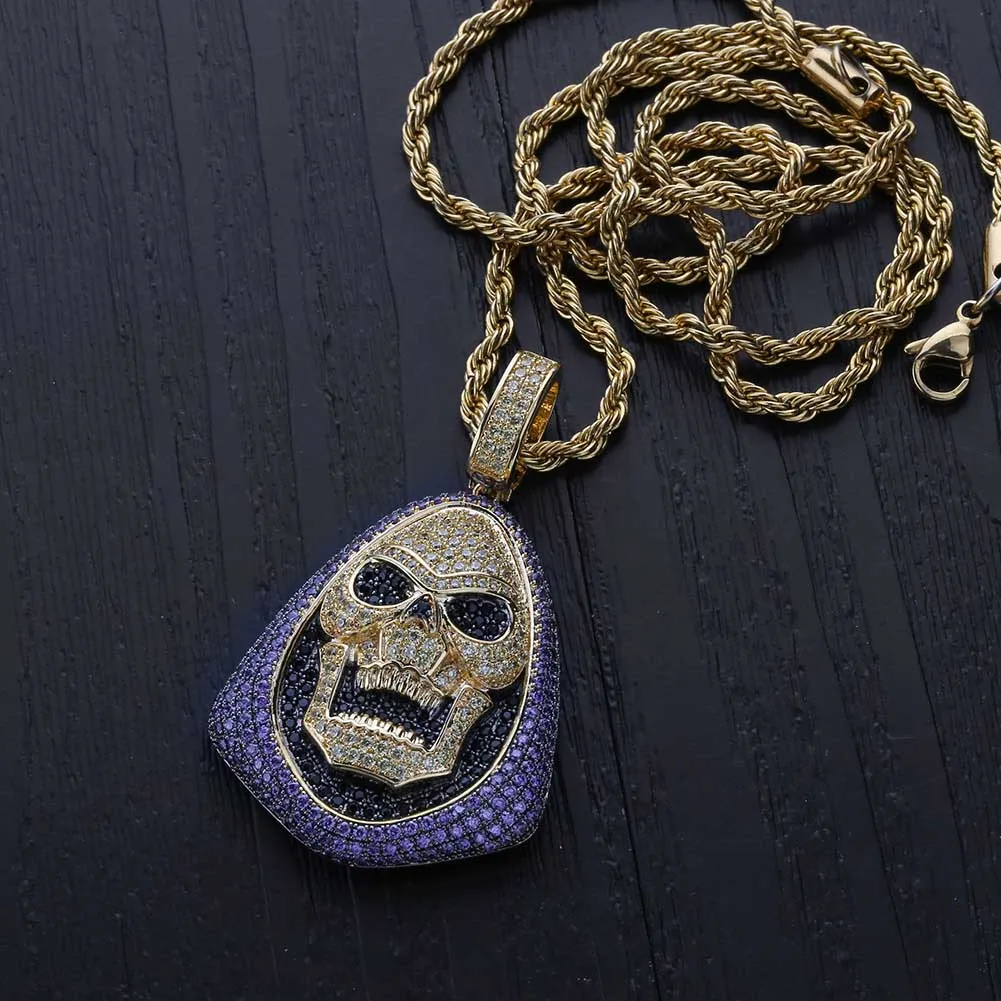 18K Gold Iced Out Skeletor Pendant Necklace With Tennis Chain Copper Hip Hop Gold Silver Color Mens Women Charm Chain Jewelry316T