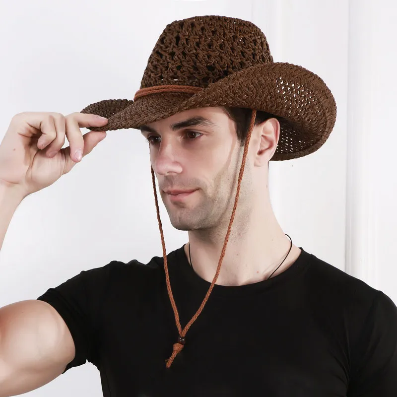 Cowboy hatt sommar hattar för män kvinnor papper halm vävt bred brim hollow out straw hat vind lanyard unisex beach sun hatt