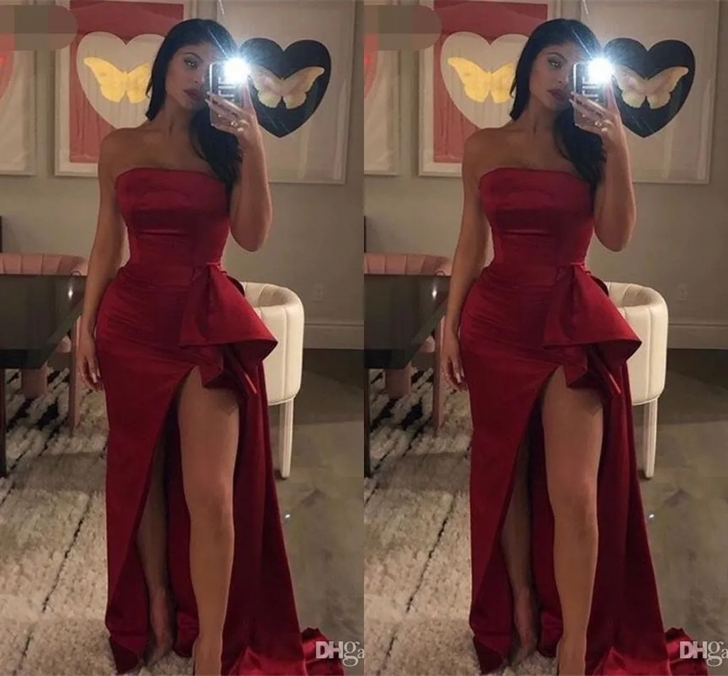 New Fashion Red Mermaid Evening Dresses Strapless High Side Split Satin Pleated Prom Dresses Formal Dress vestidos de fiesta de noche