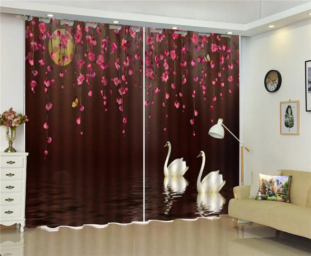 カーテン3Dファンタジースワンレイクカップルスワン3D動物のカーテンあなたが好きな美しくて実用的なカーテンをカスタマイズ