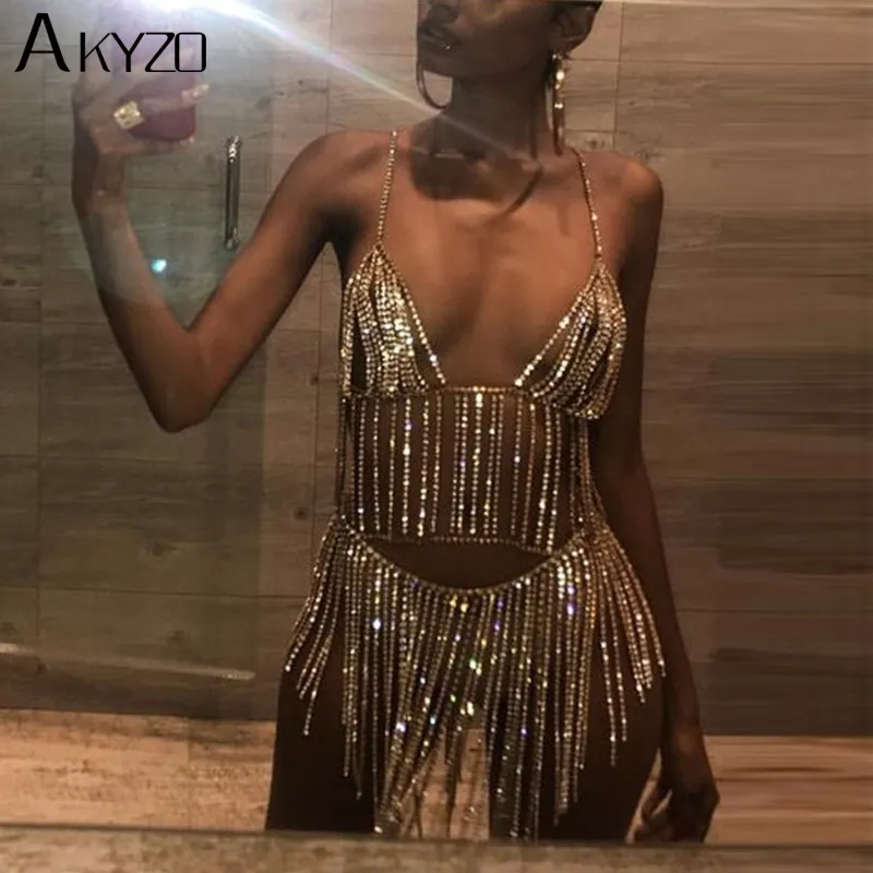 Akyzo sexy metal cadeia de prata strass vestido mulheres verão tassel lantejoulas espumante 2 dois pedaço de luxo discoteca vestido de festa y19073101