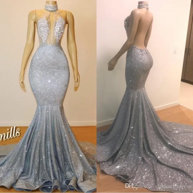 2020 Glitter Mermaid Prom Jurken Jewel Neck Beads Crystals Backless See Through Floor Length Avond Party Draag Custom BC0679