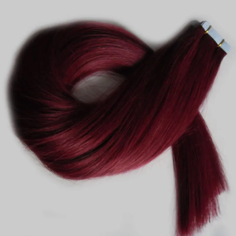 grade 7a unprocessed Malaysian straight hair #99J Red Wine Tape in human hair extensions PU skin weft tape in remy hair extensions 100g