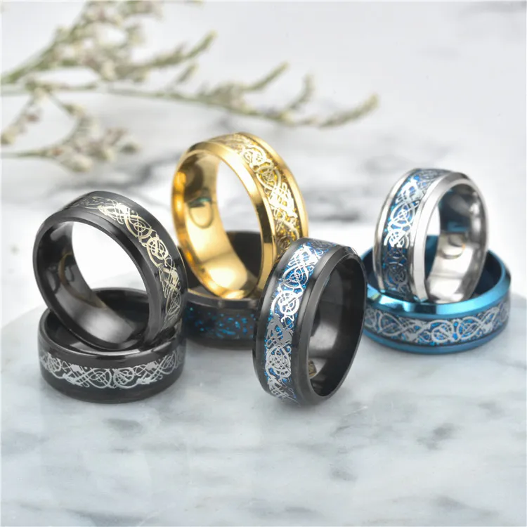 Caliente nuevo acero inoxidable plata oro dragón diseño anillo de dedo dragón chino anillo banda anillos para mujeres hombres amantes anillo de bodas WCW331