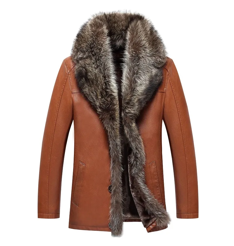 Veste en cuir pour hommes manteaux de fourrure d'hiver col de fourrure de raton laveur hauts de neige épaissir vêtements d'extérieur chauds pardessus coupe-vent imperméable 2019 luxe