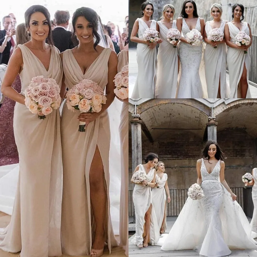 2020 Barato Nuevo Vintage Sexy Dividir con cuello en V Vestidos de dama de honor para bodas Sin mangas Dividir hasta el suelo Tallas grandes Vestidos formales de dama de honor