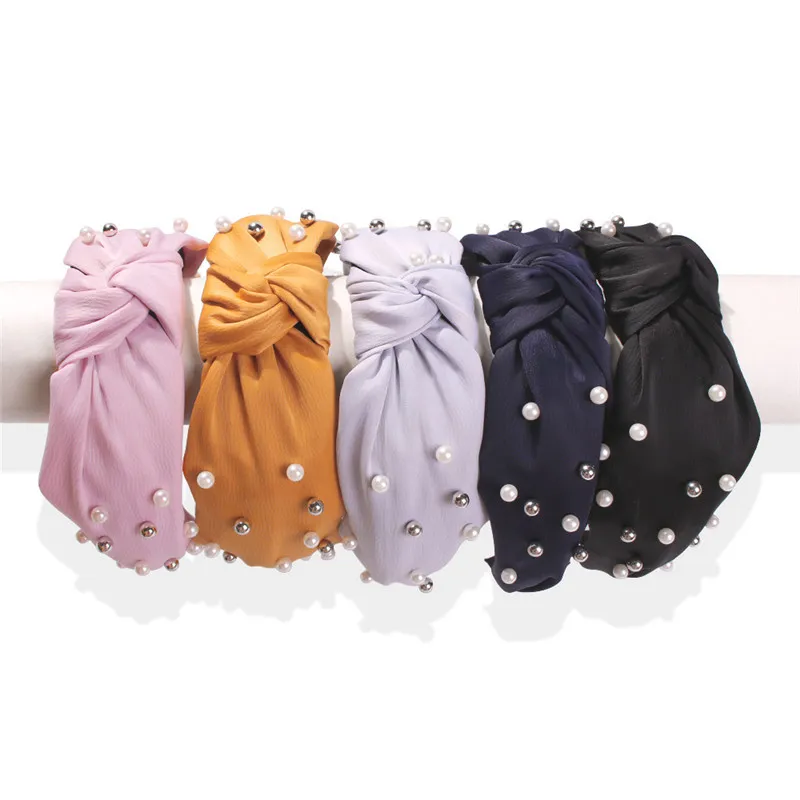 5 Colors Wide-brimmed bow headband for cross-border exclusive fabrics with imitation pearl ladies headband FREE ship 10