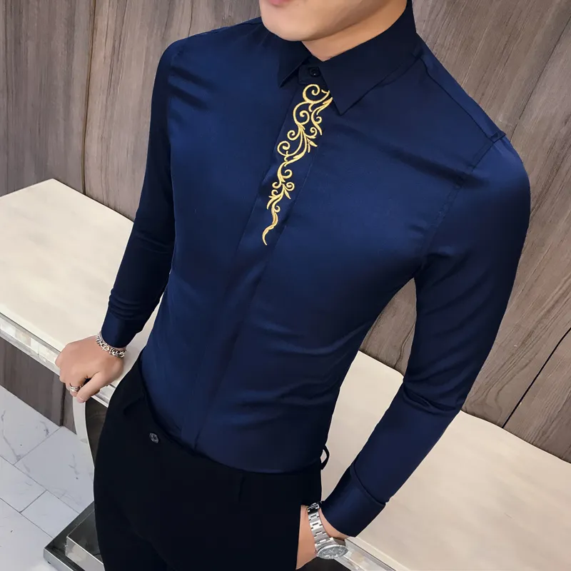 Bahar İşlemeli Slim Fit Uzun Kollu Gömlek Erkekler Sosyal Kulübü Balo Gömlek Camisa Masculina Lüks Koreli Erkekler Kemeja Pria