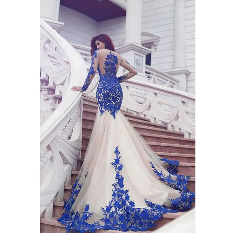 2020 New Arrival Long Sleeve Royal Blue Lace Evening Dresses Mermaid Lace Tulle Prom Gowns Newest