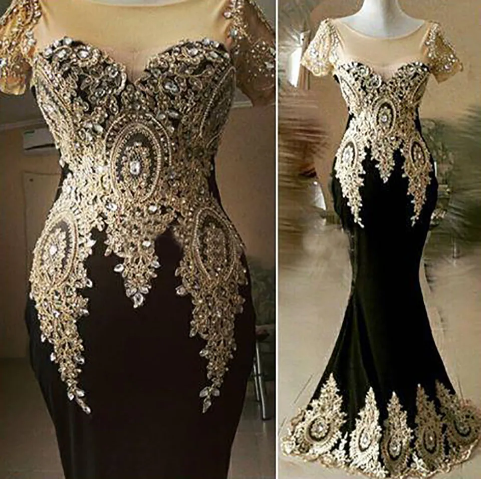 New Black Prom Dresses Formal Evening Party Pageant Gowns Beads Crystals Mermaid African Dubai Lycra Cap Sleeve Sheer Neck Cheap