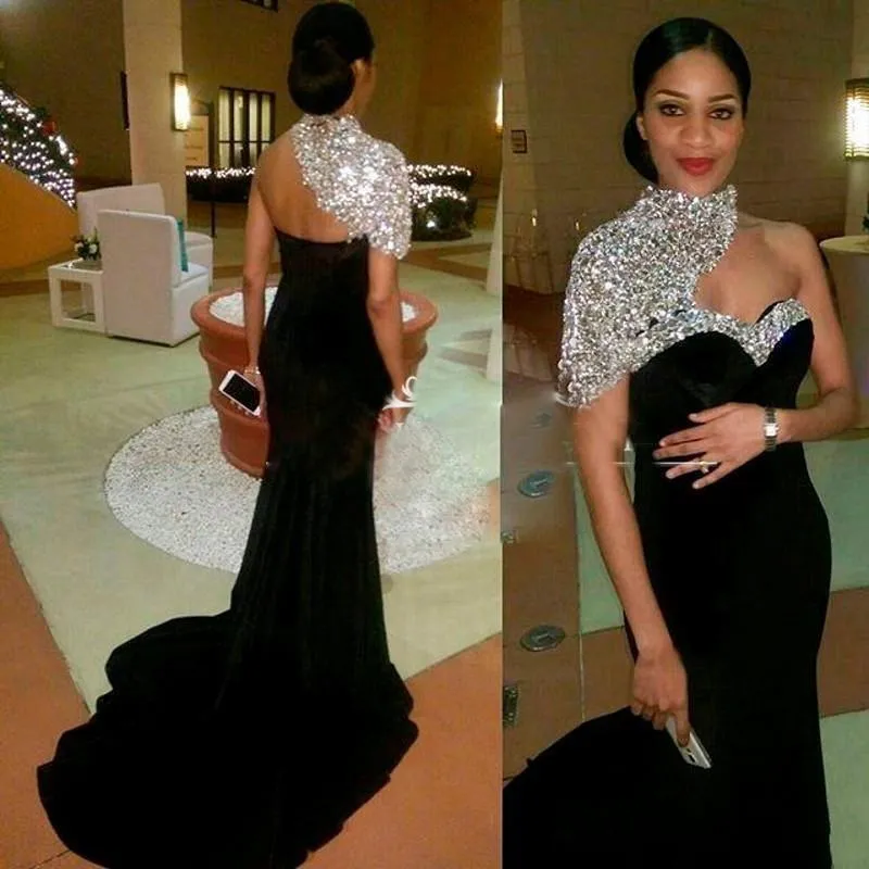 Dubai 2018 Elegant Black Mermaid Prom Dresses High Neck Beaded Rhinestone Backless Sweep Train Formal Evening Party Gowns Wear Cheap Tails