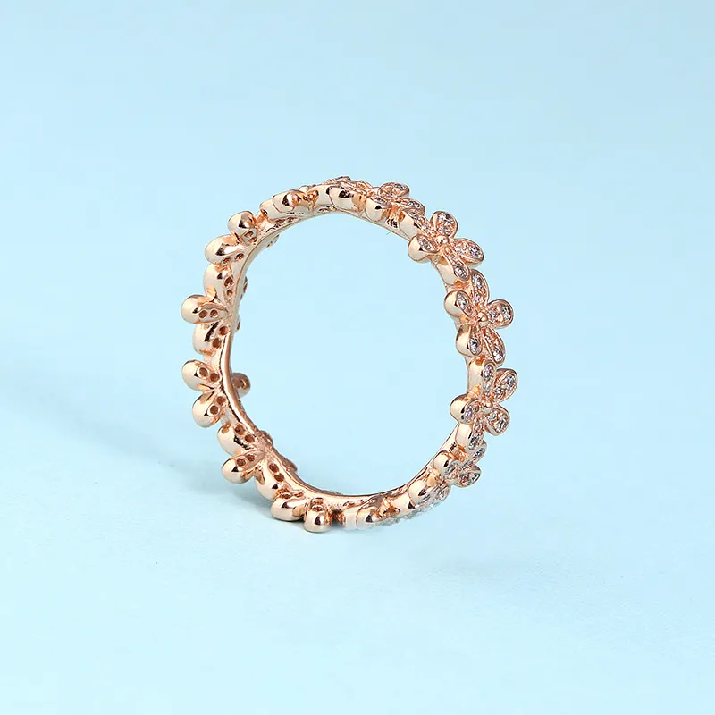 مصمم فاخر 18 كيلو روز الذهب حلقة أصلية لـ 925 Silver Daisy Flower Ring Women Wedding Gift Rings Sets8063607