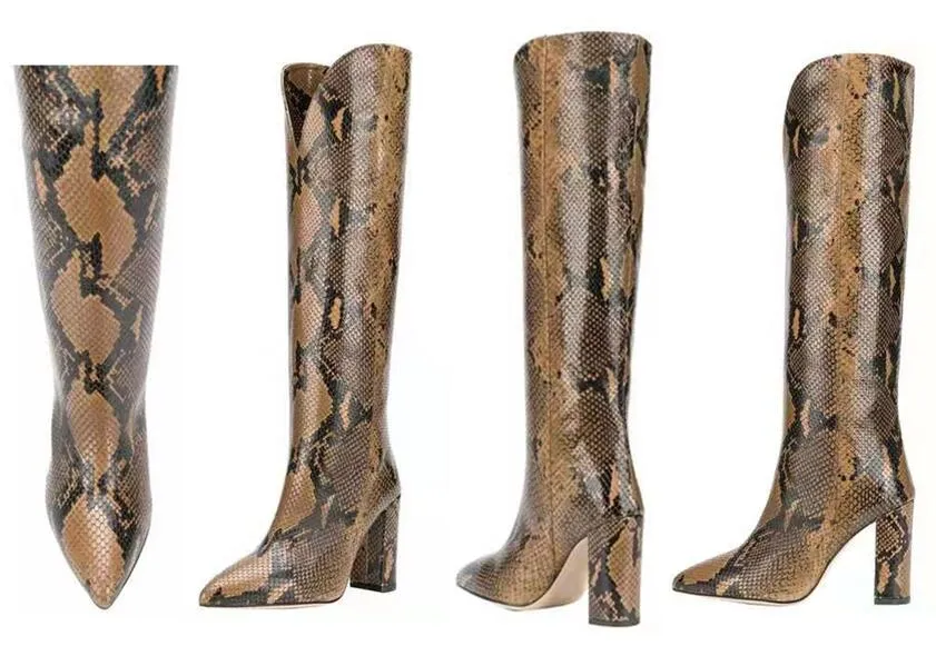 Livraison gratuite en cuir de mouton carré talons hauts CHAUSSURES Knight Boots pillage orteils motif pierre longues bottes au genou taille 34-43 catwalk serpent