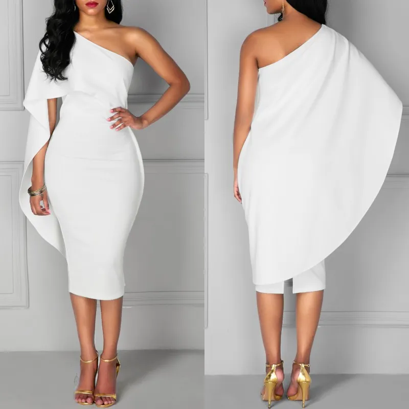 White Sheaths Evening Dresses One Shoulder Shawl Back Tea Length Vintage Formal Gowns Custom Made
