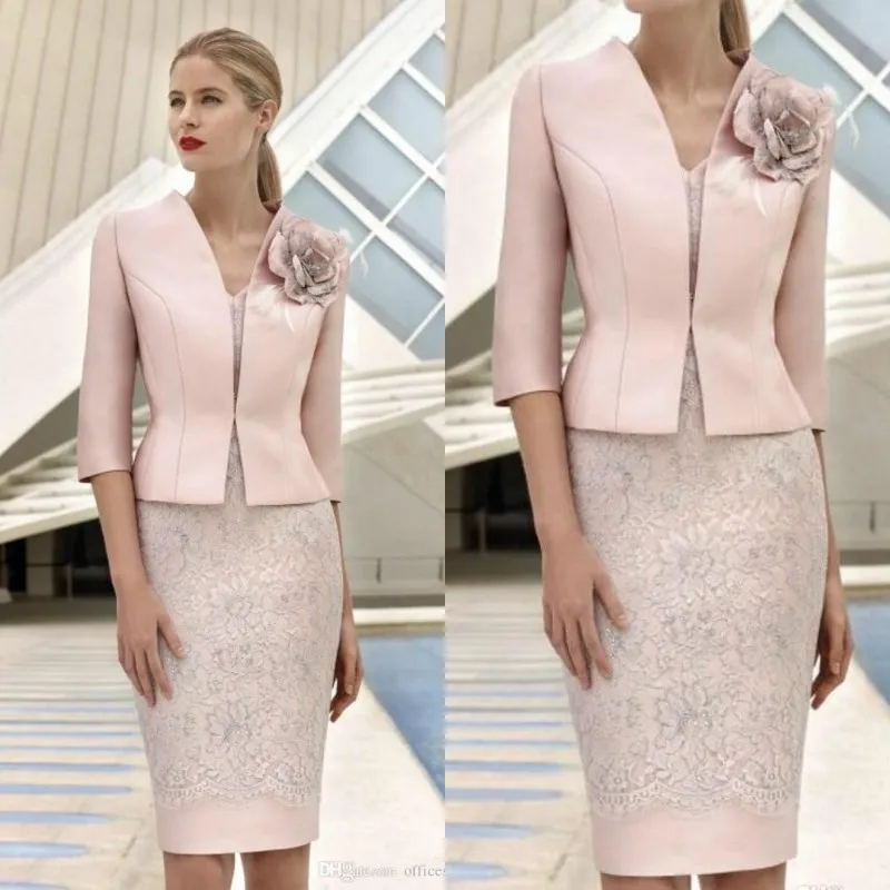 Elegante 3D-Blumen-Rosa-Kleider für die Brautmutter mit Jacke, Spitzenapplikation, Perlen, Hochzeitsgastkleid, knielang, formelle Partykleider