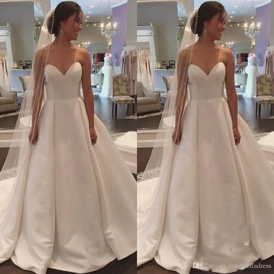 Sweetheart Neck Cheap A-Line Dresses 2020 Sweep Train Ruched Satin Wedding Dress Vestido De Novia Plus Size Bridal Gowns