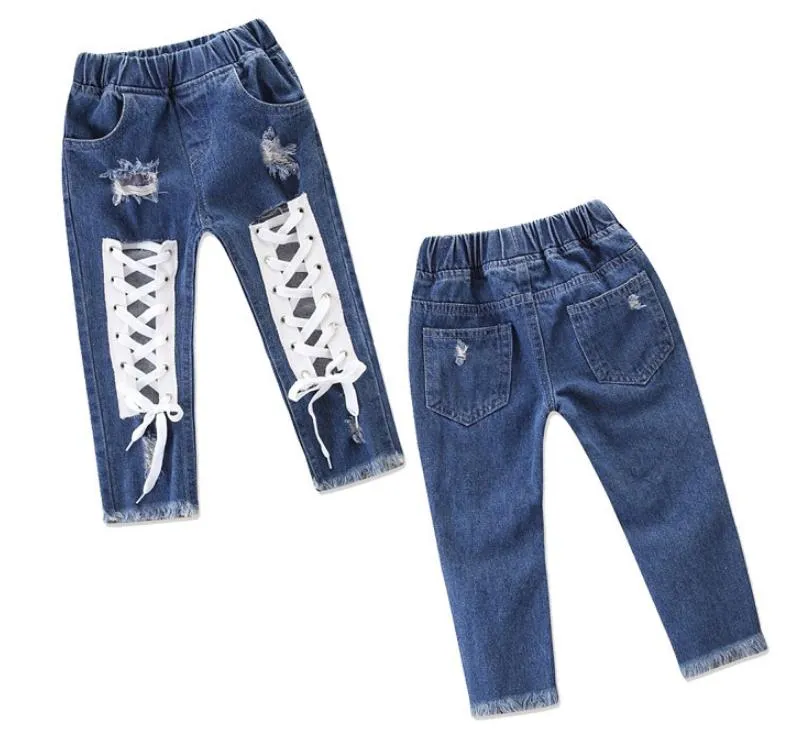 2019 Novo Design de Moda Calças de Brim Meninas Calças de Verão Moda Casual Arco Azul Buraco Jeans Menina Calças