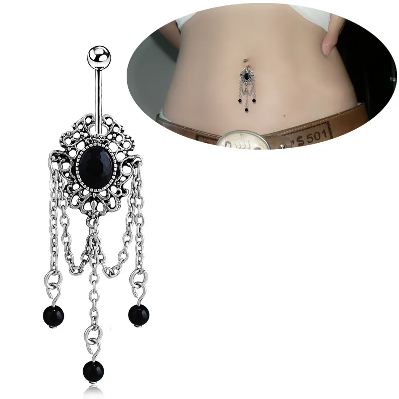 Cute Vintage Black Stone Tassel Body Jewelry Piercings Stainless Steel Pendant Navel & Bell Button Piercing Dangle Rings for Women Gift
