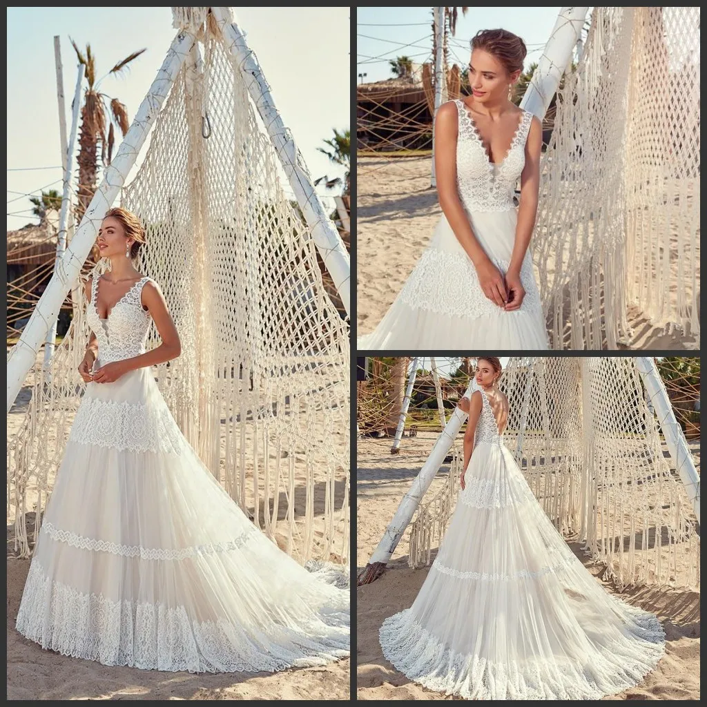 2019 Nowy Pnina Tornai A Linia Suknie Ślubne V Neck Backless Boho Wedding Suknie ślubne Sweep Train Plus Size Abiiti Da Sposa